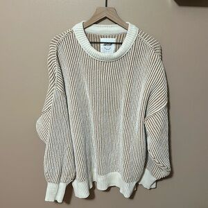 Aerie Cream and Brown Striped Crew Neck Sweater